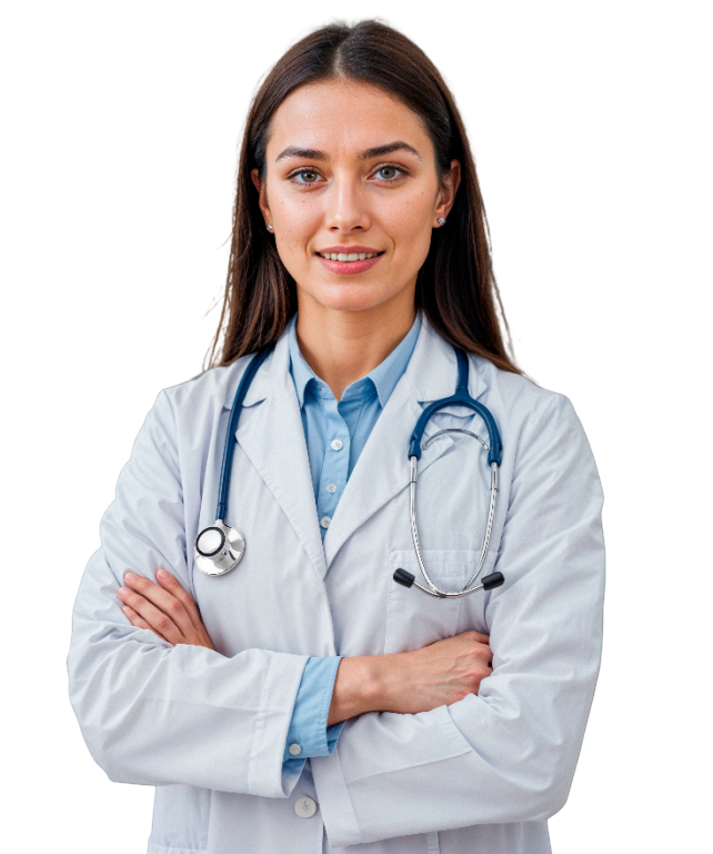 Female doctor in white lab coat with stethoscope